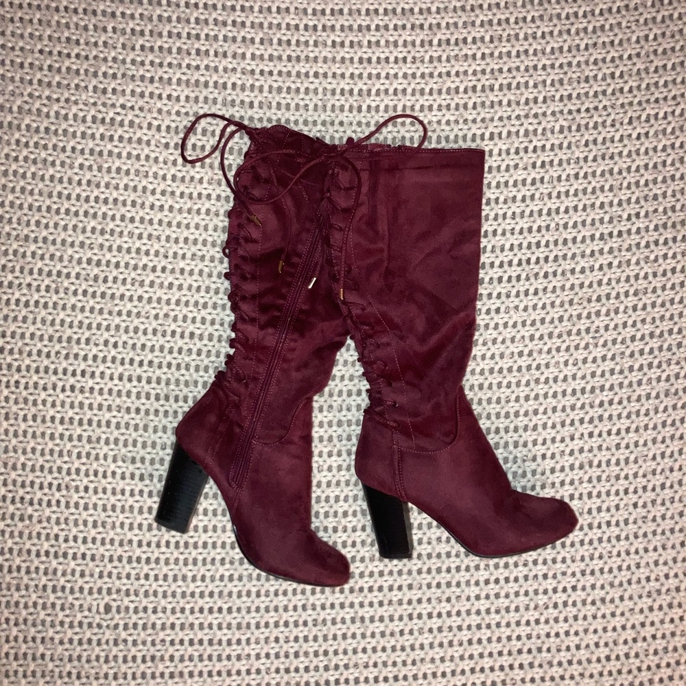Burgundy colored block heel suede knee-highs. You will love them!